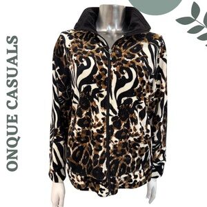🛍️ Onque Casuals Animal-Print Cotton-Blend Zip Jacket – Black/Brown, Large
